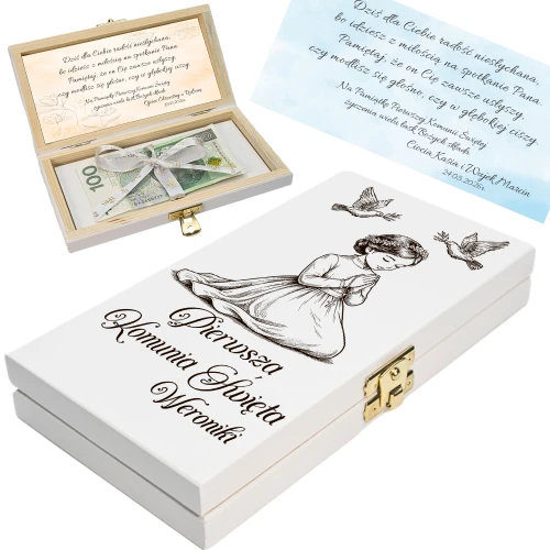 PAMIĄTKA I KOMUNII ŚWIĘTEJ Pudełko na Pieniądze KOMUNIA PREZENT na Komunię