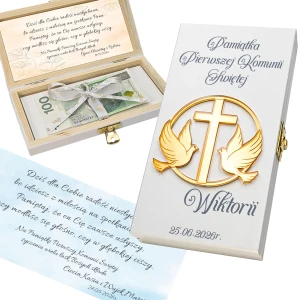 Pamiątka Pierwszej KOMUNII ŚWIĘTEJ PREZENT na Komunię Pudełko na pieniądze