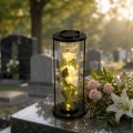 Znicz solarny LED lampion NA GRÓB cmentarz RÓŻA BIAŁA wieczna duży kwiaty