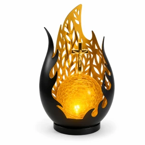 Znicz Solarny LED na Grób Duży Płomień Lampion Krzyż Statuetka Premium