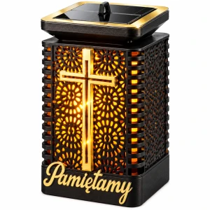 Znicz solarny na grób LED z krzyżem Pamiętamy lampion cmentarny solar