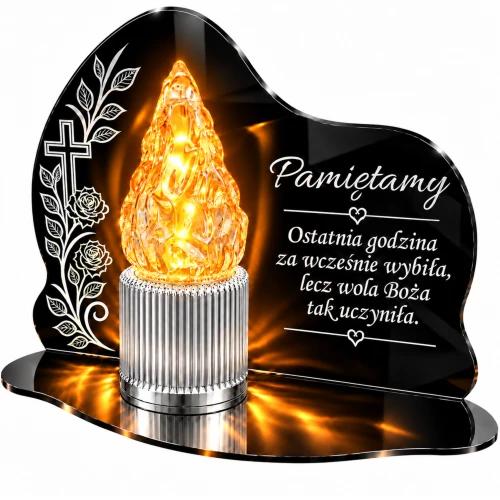 Znicz LED na Grób Cmentarz Statuetka z Krzyżem Grawer Baterie AA Srebrny