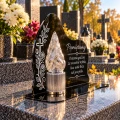 Znicz LED na Grób Cmentarz Statuetka z Krzyżem Grawer Baterie AA Srebrny
