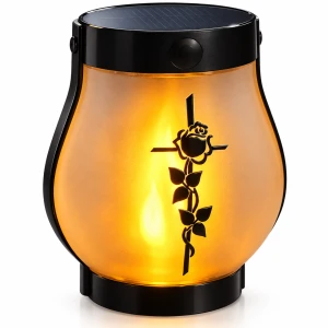 Znicz solarny LED na grób lampion z różą i krzyżem ciepłe światło RÓŻA