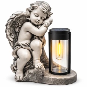 Znicz solarny LED z aniołem na grób duży śpiący aniołek figura 32 cm SOLAR