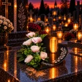 WIĄZANKA NA GRÓB Ze Zniczem LED KOMPOZYCJA KWIATOWA Podstawka Serce RÓŻE