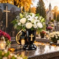 Wazon Flakon Nagrobny na Grób Czarny Złoty z Krzyżem i Świeczką LED Ozdobny