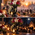 Wazon Flakon Nagrobny na Grób Czarny Złoty z Krzyżem i Świeczką LED Ozdobny