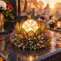 Stroik na Grób Znicz Solarny LED Kula Latarenka Lampion Wianek na Cmentarz 30 cm