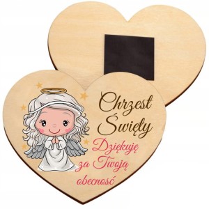 PODZIĘKOWANIA DLA GOŚCI CHRZEST MAGNES DREWNIANE SERCE NA CHRZCINY