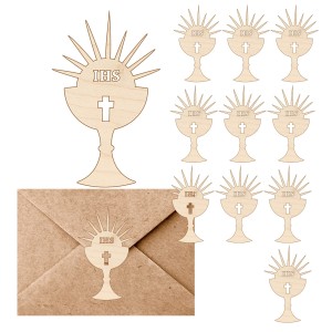 SCRAPKI DREWNIANE GRAWER 1 KOMUNIA ŚW  OZDOBA ZAPROSZENIA KOMUNIJNEGO 10SZT