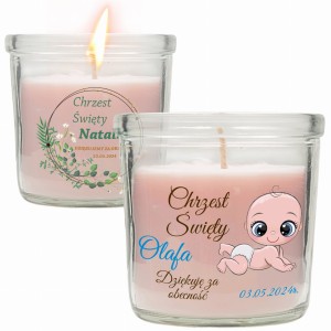 ŚWIECA ZAPACHOWA Z NADRUKIEM PODZIĘKOWANIE DLA GOŚCI CHRZEST ŚWIĘTY