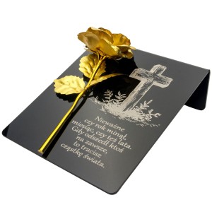 GRAWEROWANY ZNICZ z Krzyżem i Różą Podstawka na cmentarz dekoracja na grób WIECZNA RÓŻA