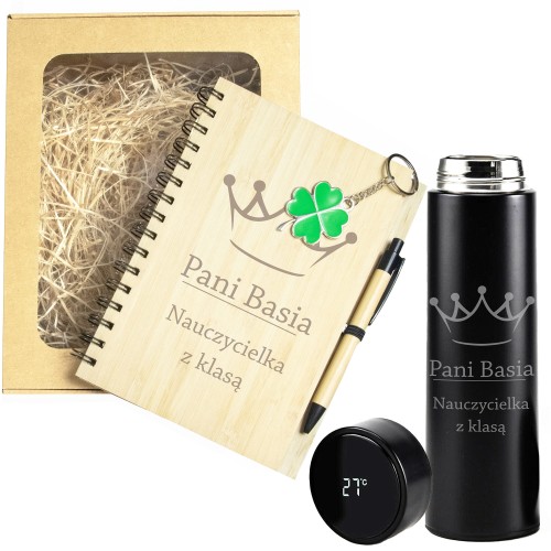 ZESTAW PREZENTOWY NOTATNIK NOTES BAMBUSOWY TERMOS DZIEŃ NAUCZYCIELA BRELOK