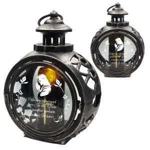 ZNICZ SREBRNY OKRĄGŁY  na grób JEZUS świeca LED latarenka LAMPION