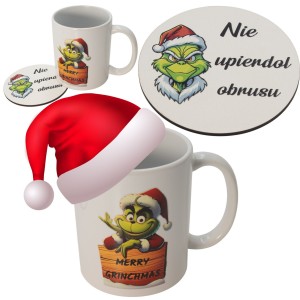 Zestaw Kubek i Podkładka pod kubek GRINCH zestaw świąteczny na stół białe