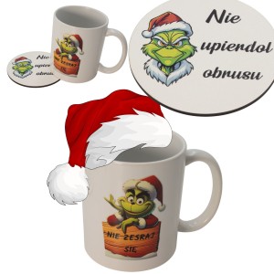 Zestaw Kubek i Podkładka pod kubek GRINCH zestaw świąteczny na stół białe