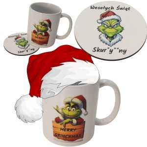 Zestaw Kubek i Podkładka pod kubek GRINCH zestaw świąteczny na stół białe