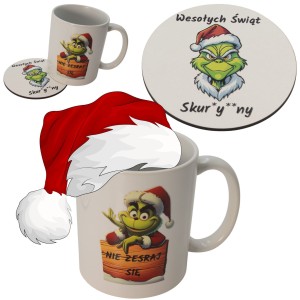 Zestaw Kubek i Podkładka pod kubek GRINCH zestaw świąteczny na stół białe