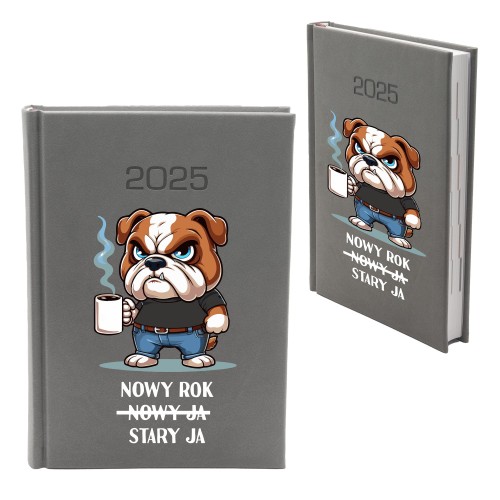 KALENDARZ 2025 NOWOŚĆ A5 KSIĄŻKOWY SZARY ŚMIESZNY PIES DZIENNY PLANER