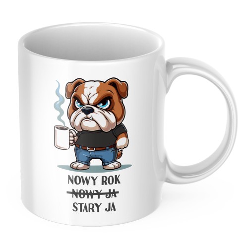 KUBEK SUBLIMACJA 330ML ŚMIESZNY NADRUK PIES BULDOG NA PREZENT NOWY ROK
