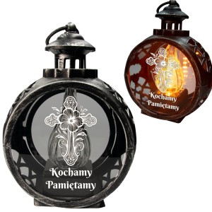 ZNICZ NA GRÓB LED ŻYWY PŁOMIEŃ  SREBRNA LATARENKA OKRĄGŁA KRYZYŻ GRAWER