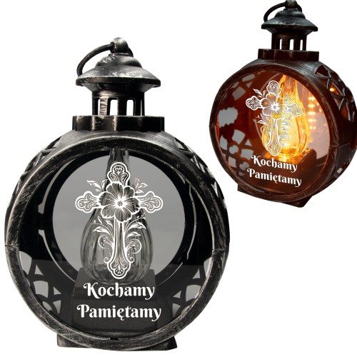 ZNICZ NA GRÓB LED ŻYWY PŁOMIEŃ  SREBRNA LATARENKA OKRĄGŁA KRYZYŻ GRAWER