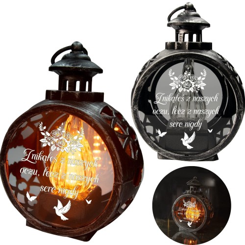 ZNICZ NA GRÓB LED ŻYWY PŁOMIEŃ  SREBRNA LATARENKA OKRĄGŁA KWIATY GRAWER