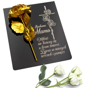 DEKORACJA na grób GRAWEROWANY ZNICZ podstawka na cmentarz ZŁOTA RÓŻA DLA MAMY