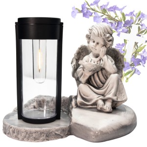 ZNICZ GIPSOWA FIGURKA NAGROBNA SZARY Anioł Księga Lampka LAMPA SOLARNA GIPS