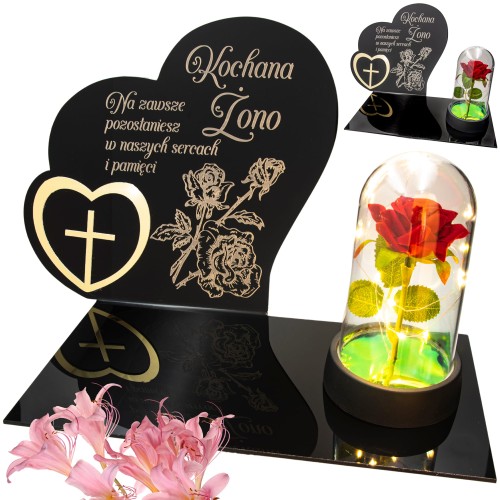 DEKORACJA na grób GRAWEROWANY ZNICZ podstawka na cmentarz RÓŻA DLA ŻONY