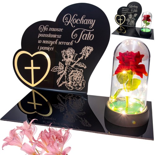 DEKORACJA na grób GRAWEROWANY ZNICZ podstawka na cmentarz RÓŻA DLA TATY