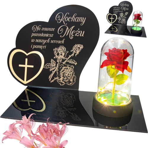 DEKORACJA na grób GRAWEROWANY ZNICZ podstawka na cmentarz RÓŻA DLA MĘŻA
