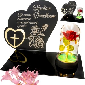 DEKORACJA na grób GRAWEROWANY ZNICZ podstawka na cmentarz RÓŻA DLA DZIADKÓW