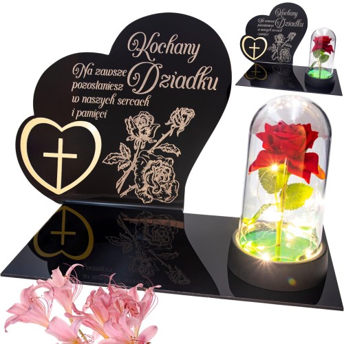 DEKORACJA na grób GRAWEROWANY ZNICZ podstawka na cmentarz RÓŻA DLA DZIADKA