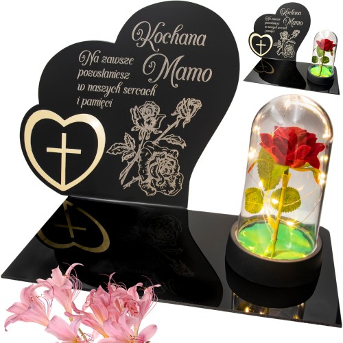 DEKORACJA na grób GRAWEROWANY ZNICZ podstawka na cmentarz RÓŻA DLA MAMY
