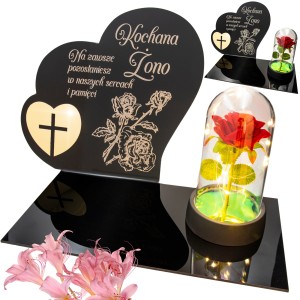 DEKORACJA na grób GRAWEROWANY ZNICZ podstawka na cmentarz RÓŻA DLA ŻONY