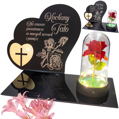 DEKORACJA na grób GRAWEROWANY ZNICZ podstawka na cmentarz RÓŻA DLA TATY