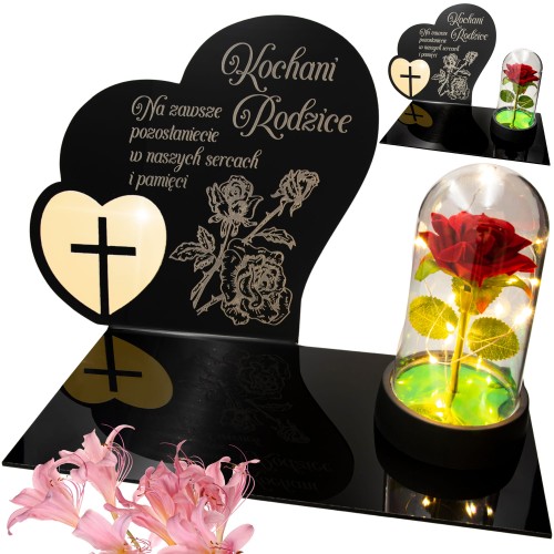 DEKORACJA na grób GRAWEROWANY ZNICZ podstawka na cmentarz RÓŻA DLA RODZICÓW