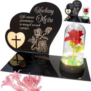 DEKORACJA na grób GRAWEROWANY ZNICZ podstawka na cmentarz RÓŻA DLA MĘŻA