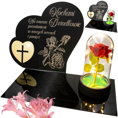 DEKORACJA na grób GRAWEROWANY ZNICZ podstawka na cmentarz RÓŻA DLA DZIADKÓW