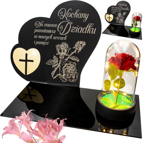 DEKORACJA na grób GRAWEROWANY ZNICZ podstawka na cmentarz RÓŻA DLA DZIADKA