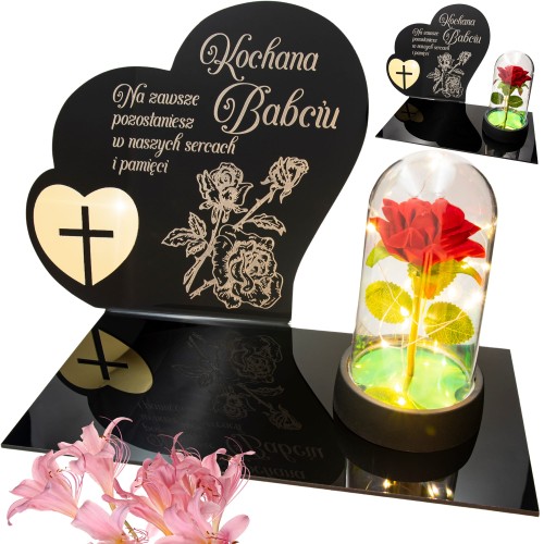 DEKORACJA na grób GRAWEROWANY ZNICZ podstawka na cmentarz RÓŻA DLA BABCI