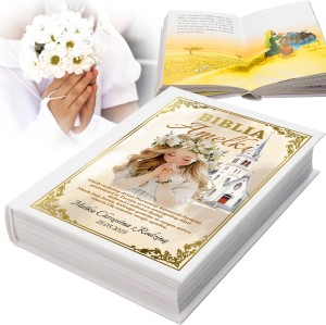 Pamiątka Komunia Chrzest BIBLIA PISMO ŚW nadruk z imieniem OD CHRZESTNEJ CHRZESTNEGO PREZZENT BABCI DZIADKA
