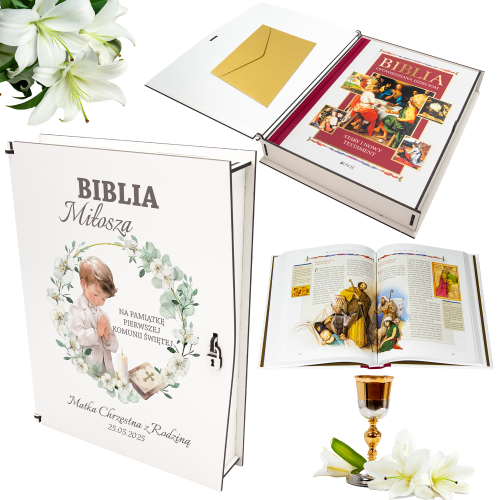 BIBLIA W PUDEŁKU Pamiątka Pierwszej Komunii Świętej PREZENT NA KOMUNIĘ