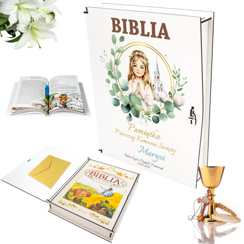 BIBLIA W PUDEŁKU Pamiątka Pierwszej Komunii Świętej PREZENT NA KOMUNIĘ