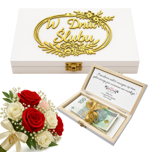 PUDEŁKO NA PIENIĄDZE Pamiątka Ślubu PREZENT NA ŚLUB Wesele Nadruk Życzenia