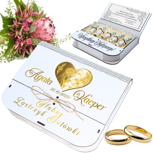 PUDEŁKO NA BANKNOTY Pamiątka Ślubu PREZENT NA ŚLUB Wesele Nadruk Życzenia