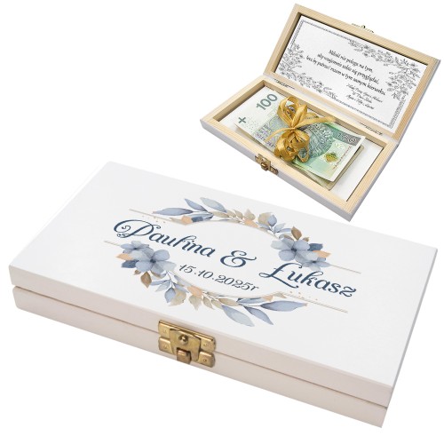 PUDEŁKO NA BANKNOTY Pamiątka Ślubu PREZENT NA ŚLUB Wesele  Nadruk Życzenia