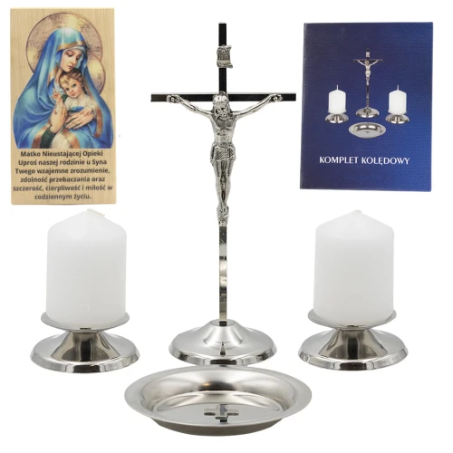 ELEGANCKI ZESTAW KOLĘDOWY Z IKONĄ Metalowy Krzyż z Jezusem Świecznikx2